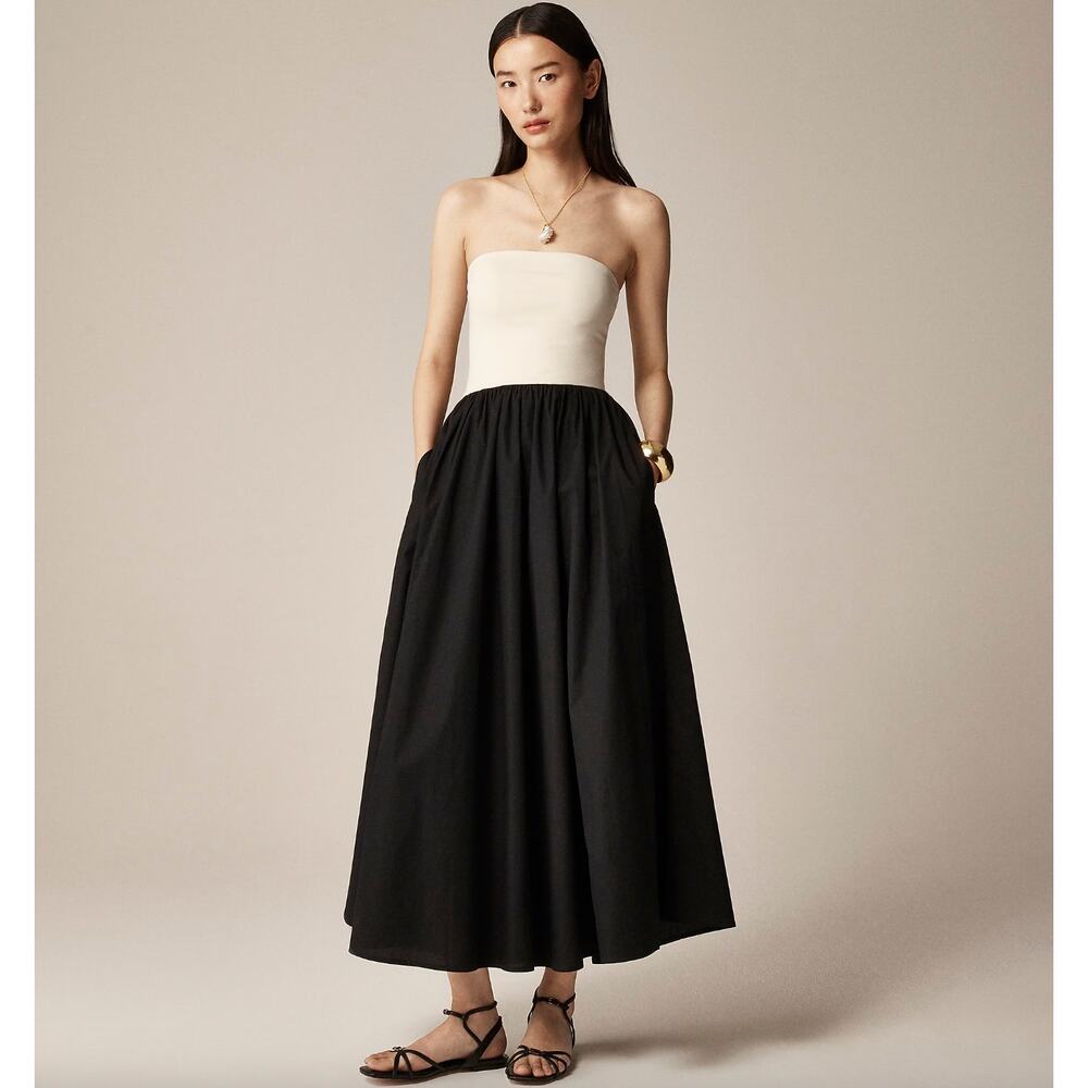 NEW J.Crew Strapless Colorblock Mixy Dress Midi A Line Cotton Natural Black XS